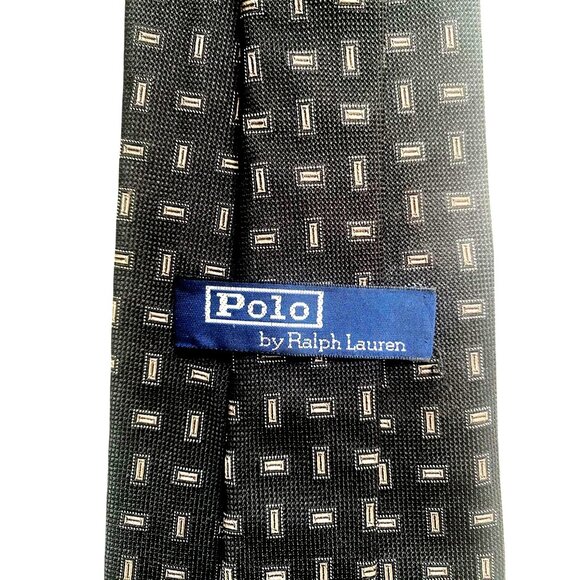 Polo By Ralph Lauren Black Geometric Pattern Tie 100% Silk Mens Handmade USA - Picture 3 of 5
